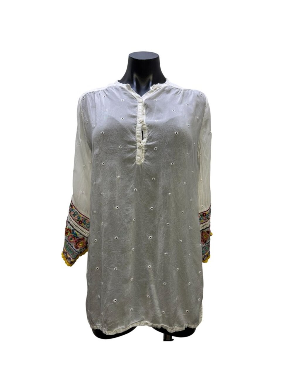 Johnny Was White Embroidered Blouse Multicolor Long Sleeves XS
